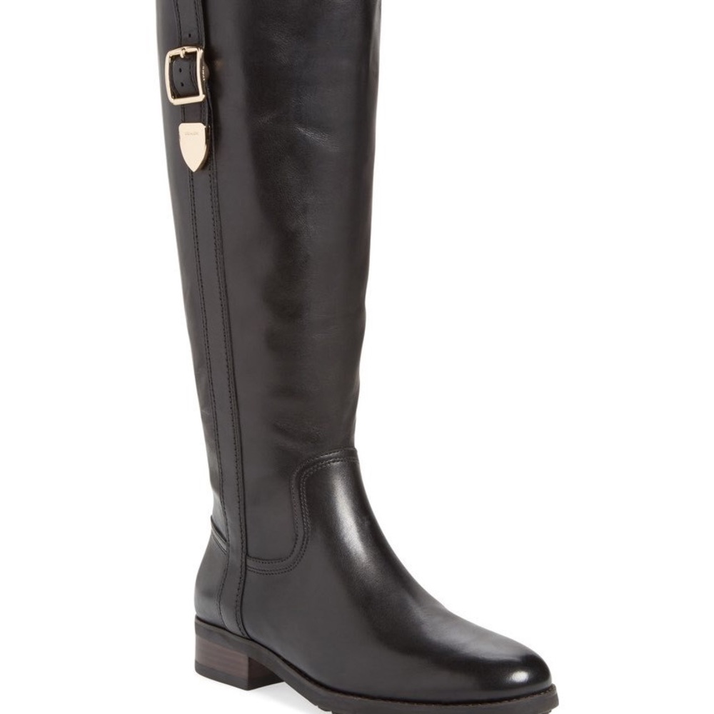Coach Easton Black Leather Knee-High Riding Boots with Gold Accent